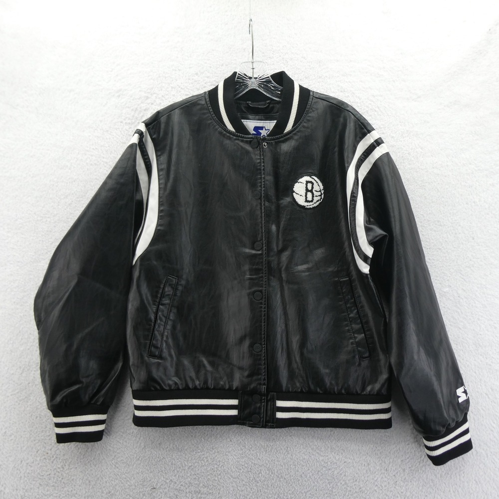 Starter Jacket‎ Women Medium Brooklyn Nets Black Faux Leather Varsity Bomber NBA